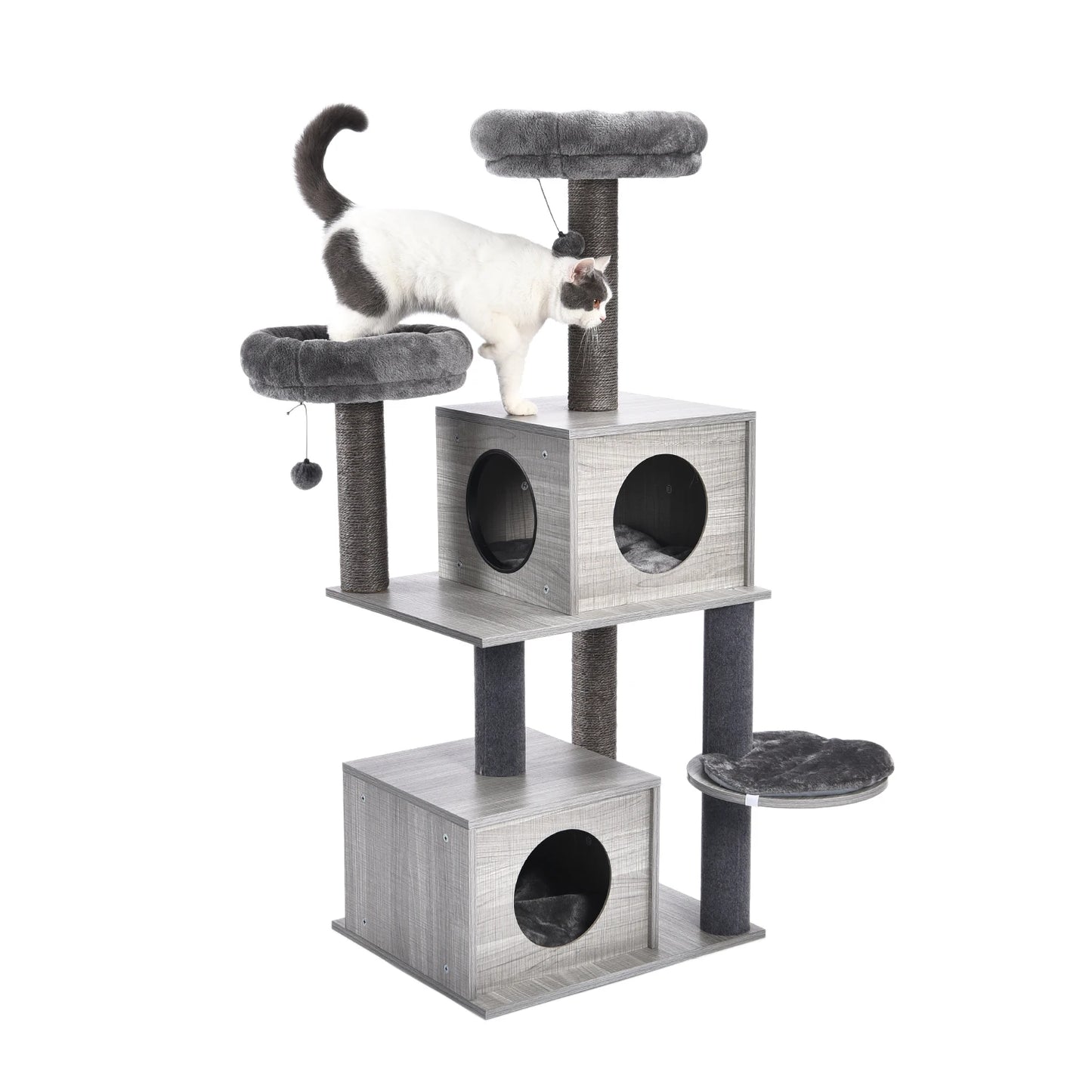 Small gray wooden cat tree with two niches and two baskets