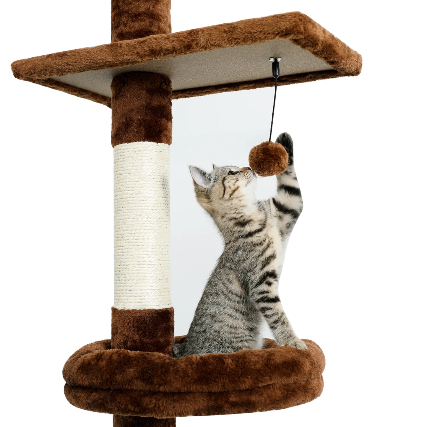 Four-level brown cat tree with scratcher