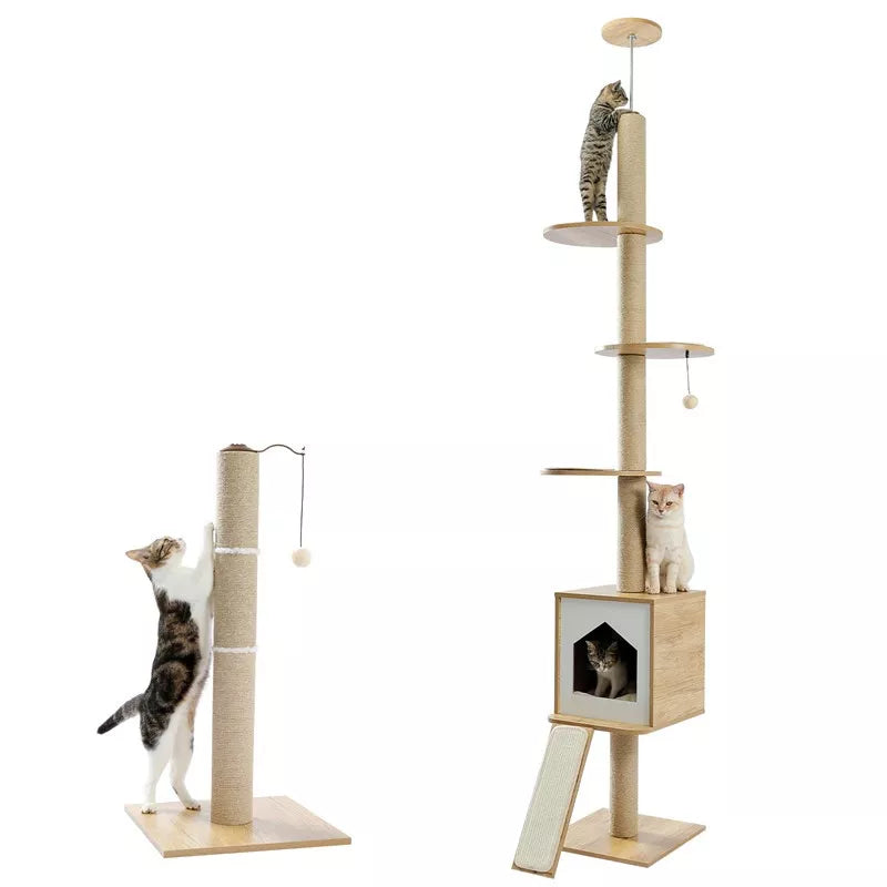 Four-level wooden cat tree with kennel and scratching post