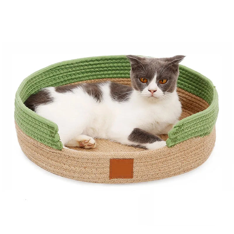2 in 1 round basket bed for dogs and cats green and brown