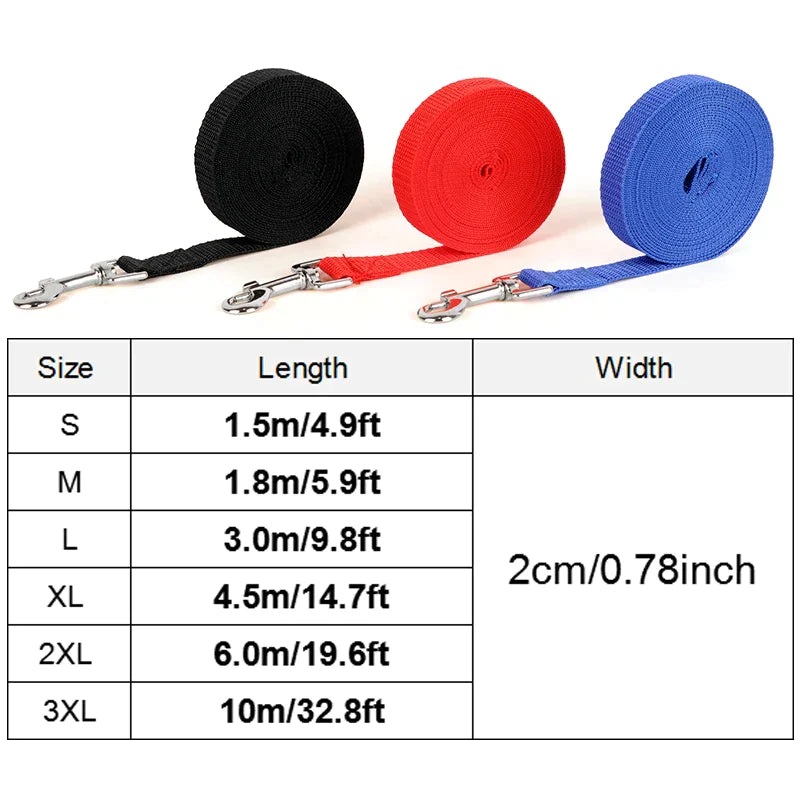 Long Nylon Leash for dogs and cats - 6 colors - 3 Sizes up to 10M