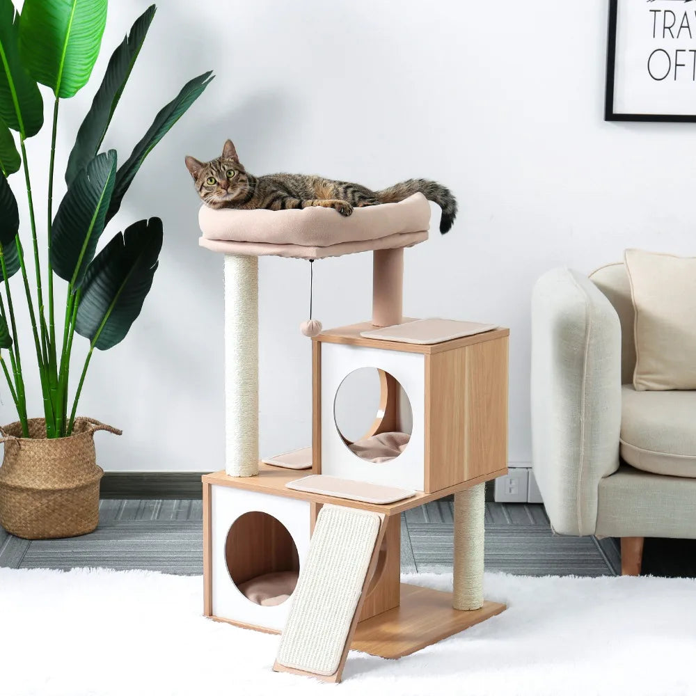 Brown wooden cat tree with niches and basket
