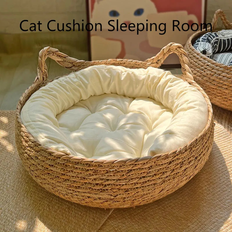 Four-season woven cat basket with removable beige padding