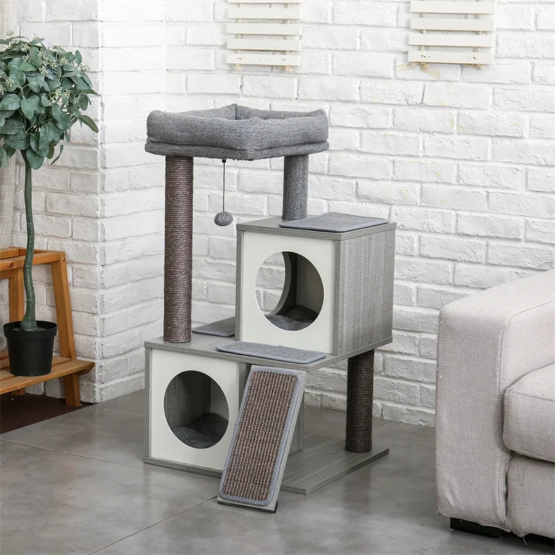 Gray wooden cat tree with two niches and a basket