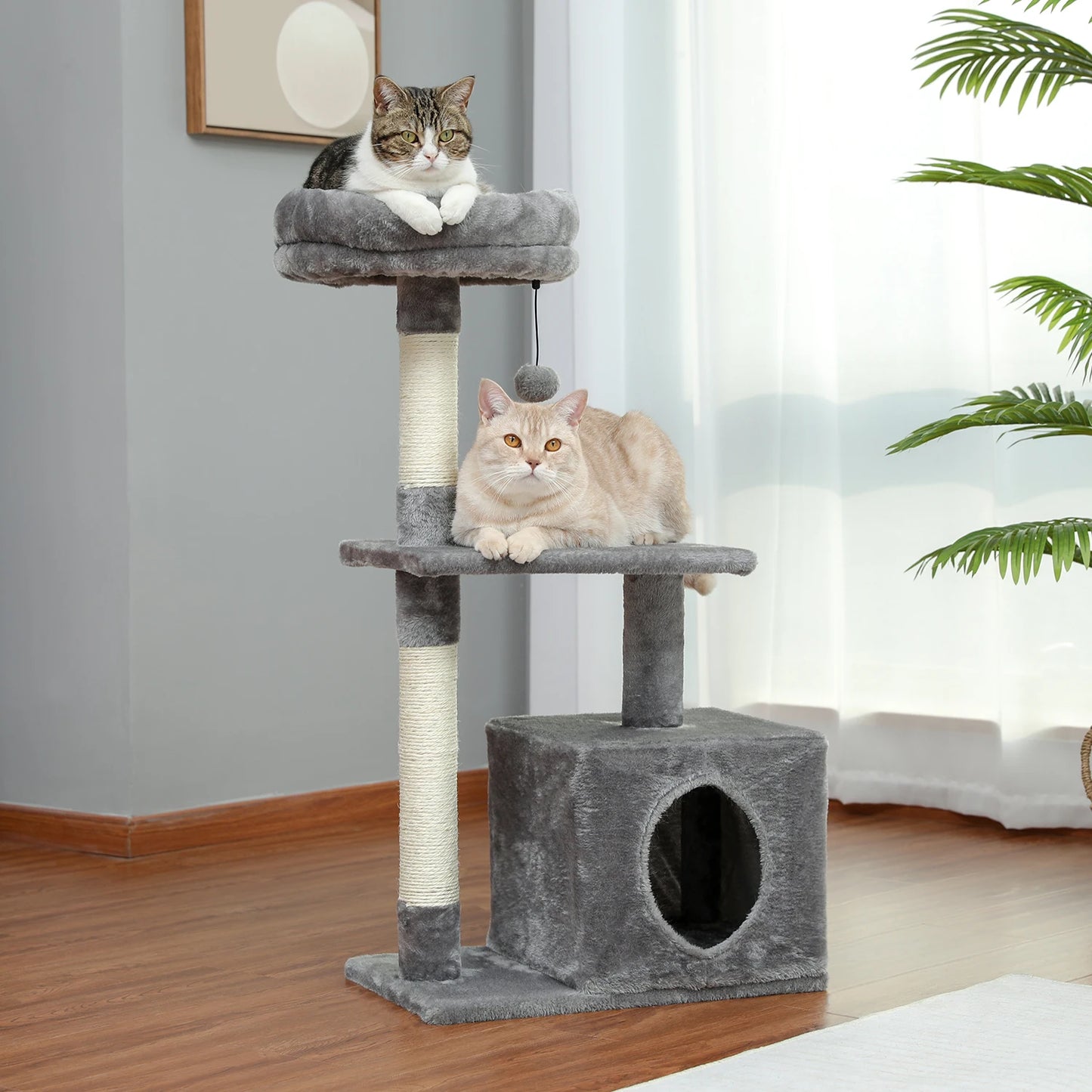 Gray cat tree with niche, perch and scratching post