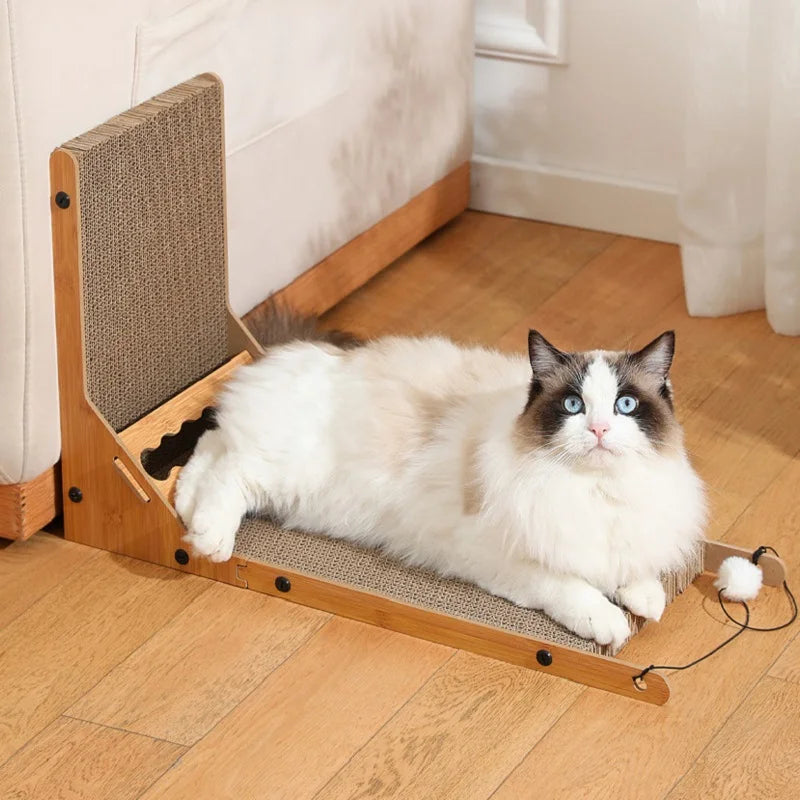 Wooden L-shaped cat scratcher with interactive toys