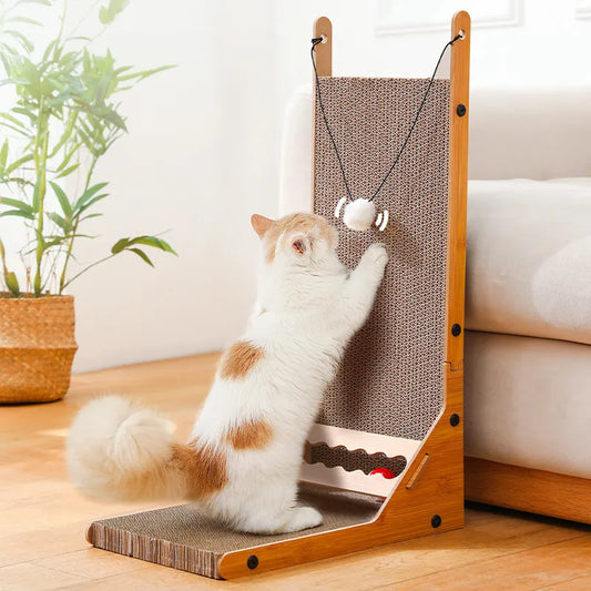 Wooden L-shaped cat scratcher with interactive toys