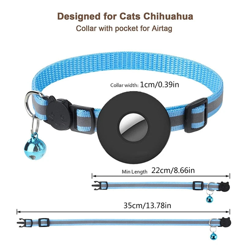 Collier en Nylon bleu réfléchissants avec traqueur GPS Bluetooth et clochette pour chat et chien