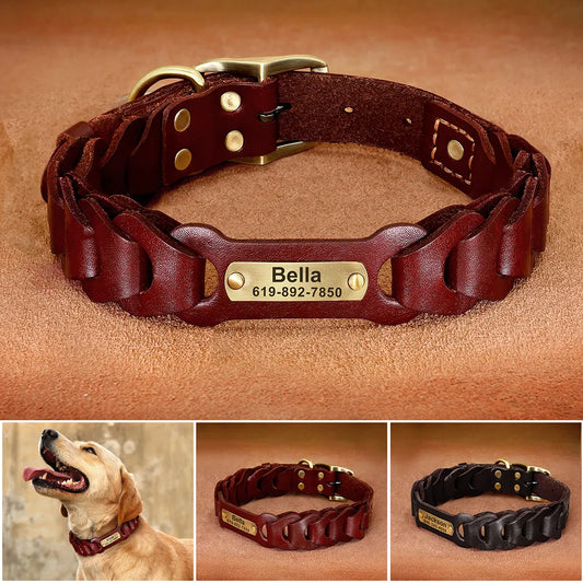 Collier de chien en cuir véritable personnalisable - 2 coloris