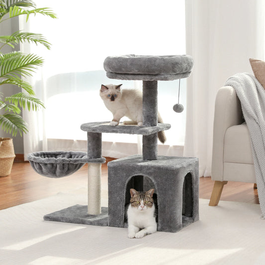 Gray cat tree with niche, perch and basket