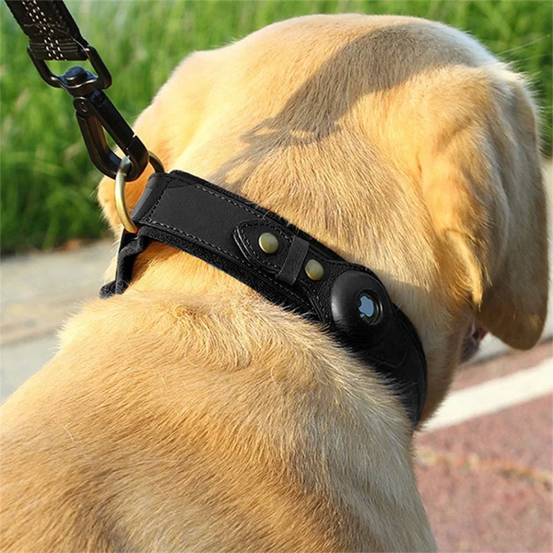 Black Leather Dog and Cat Collar for Apple AirTags
