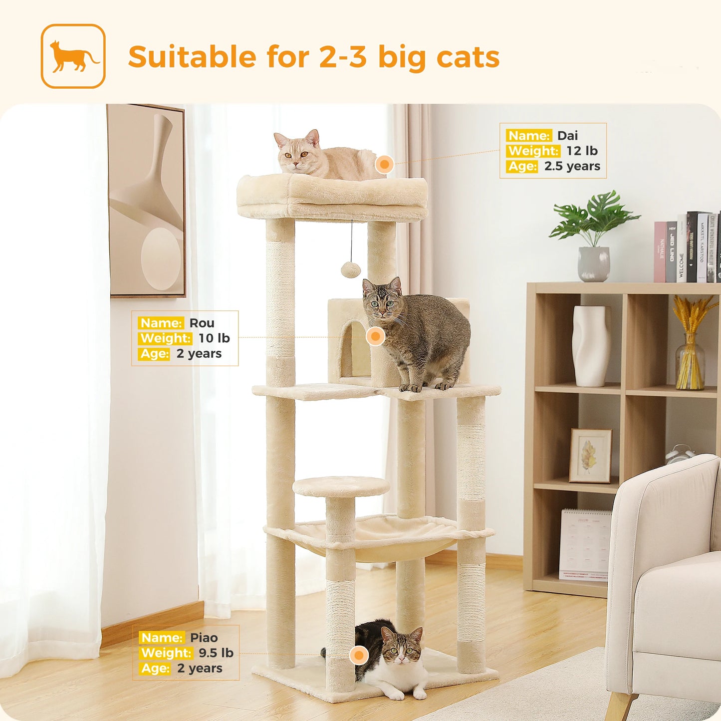 XXL beige cat tree with baskets and kennel