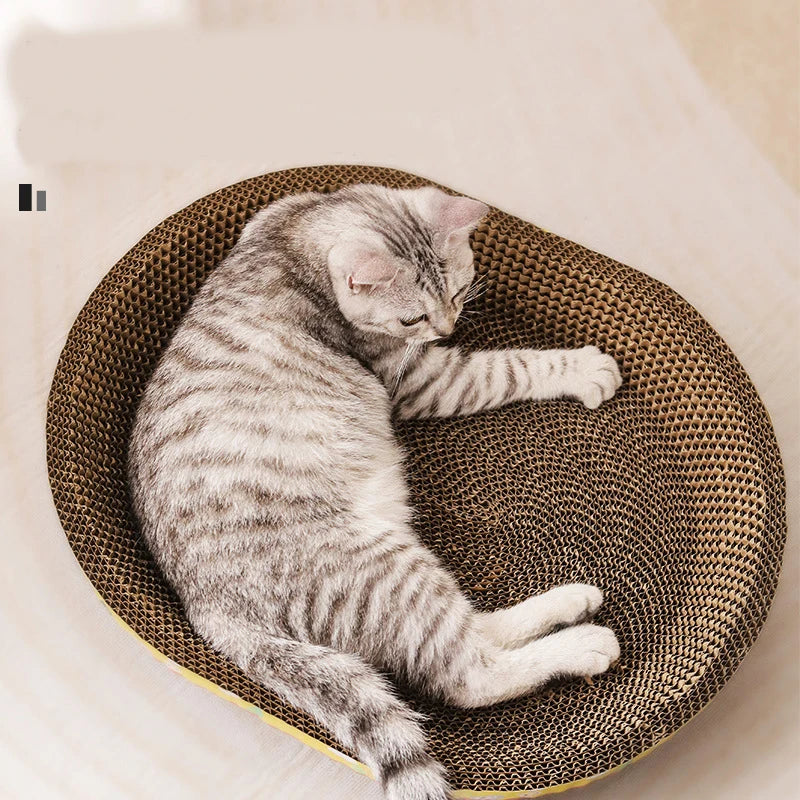 Oval basket-shaped scratching post for cats with orange pattern