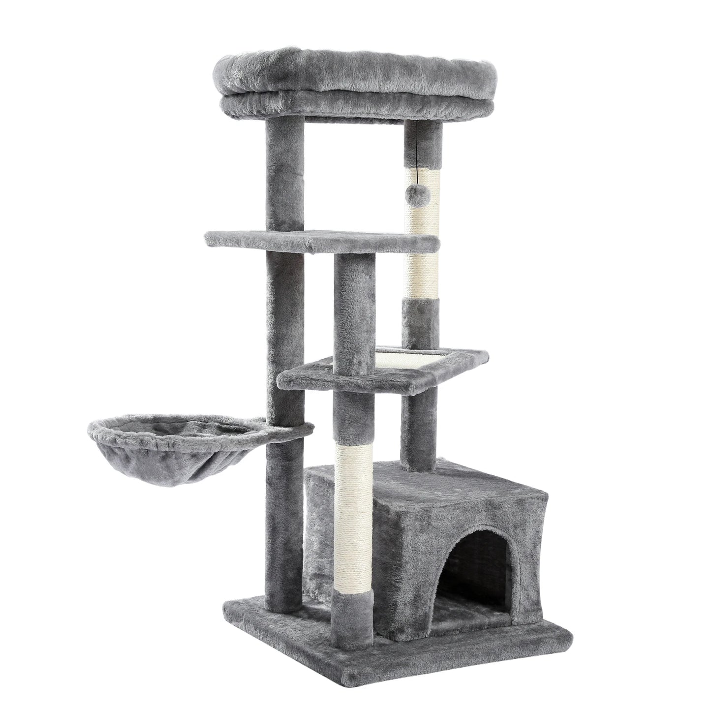 Gray cat tree with a niche and two baskets